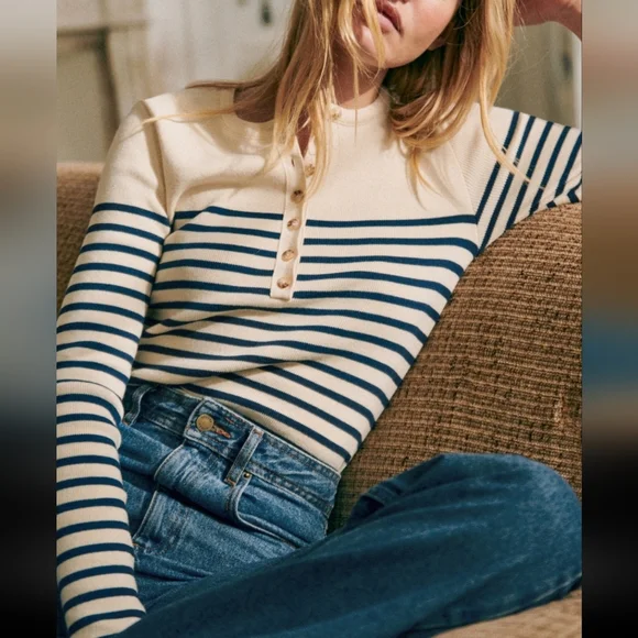 Sezane Alexis 100% Organic Cotton Blue and Cream Striped Jumper - Picture 3 of 5